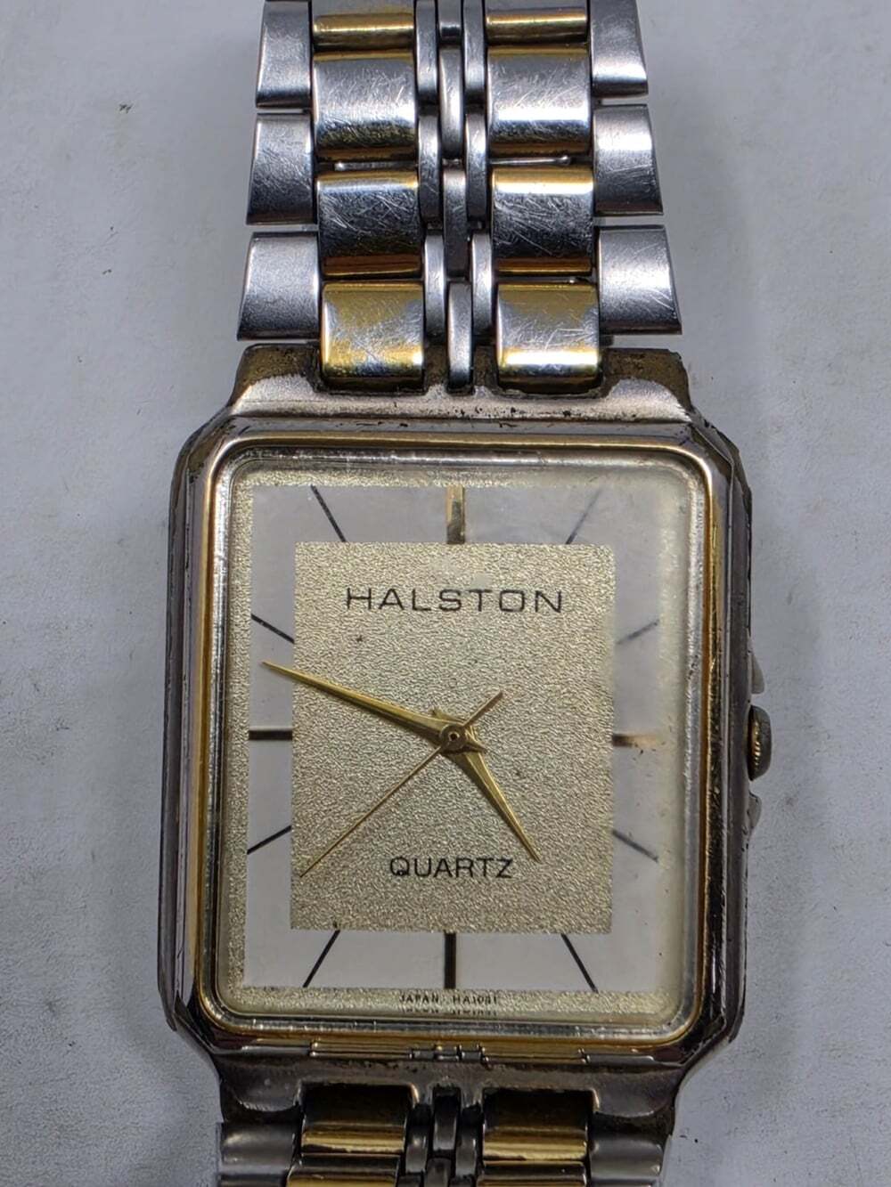 Halston Quartz Watch Two Tone Rectangular Gold Silver Japan Movt 001-6132